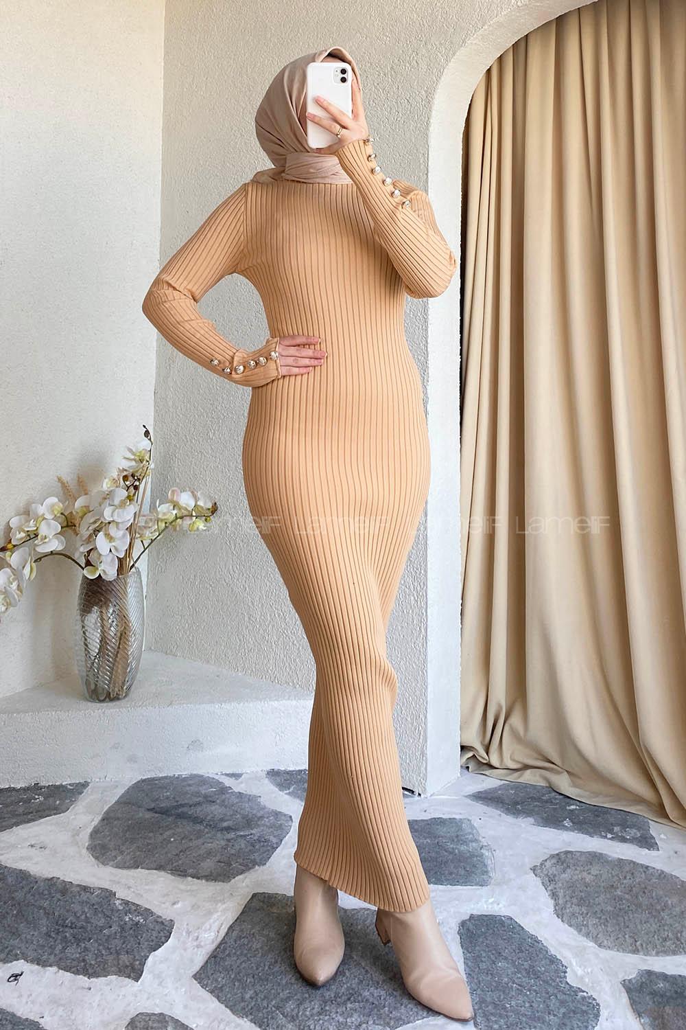 Modalamelif Kol Düğme Detaylı Fitilli Elbise Sütlükahve