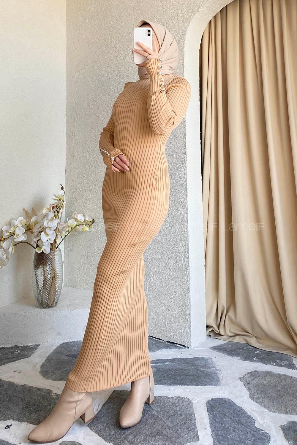 Modalamelif Kol Düğme Detaylı Fitilli Elbise Sütlükahve