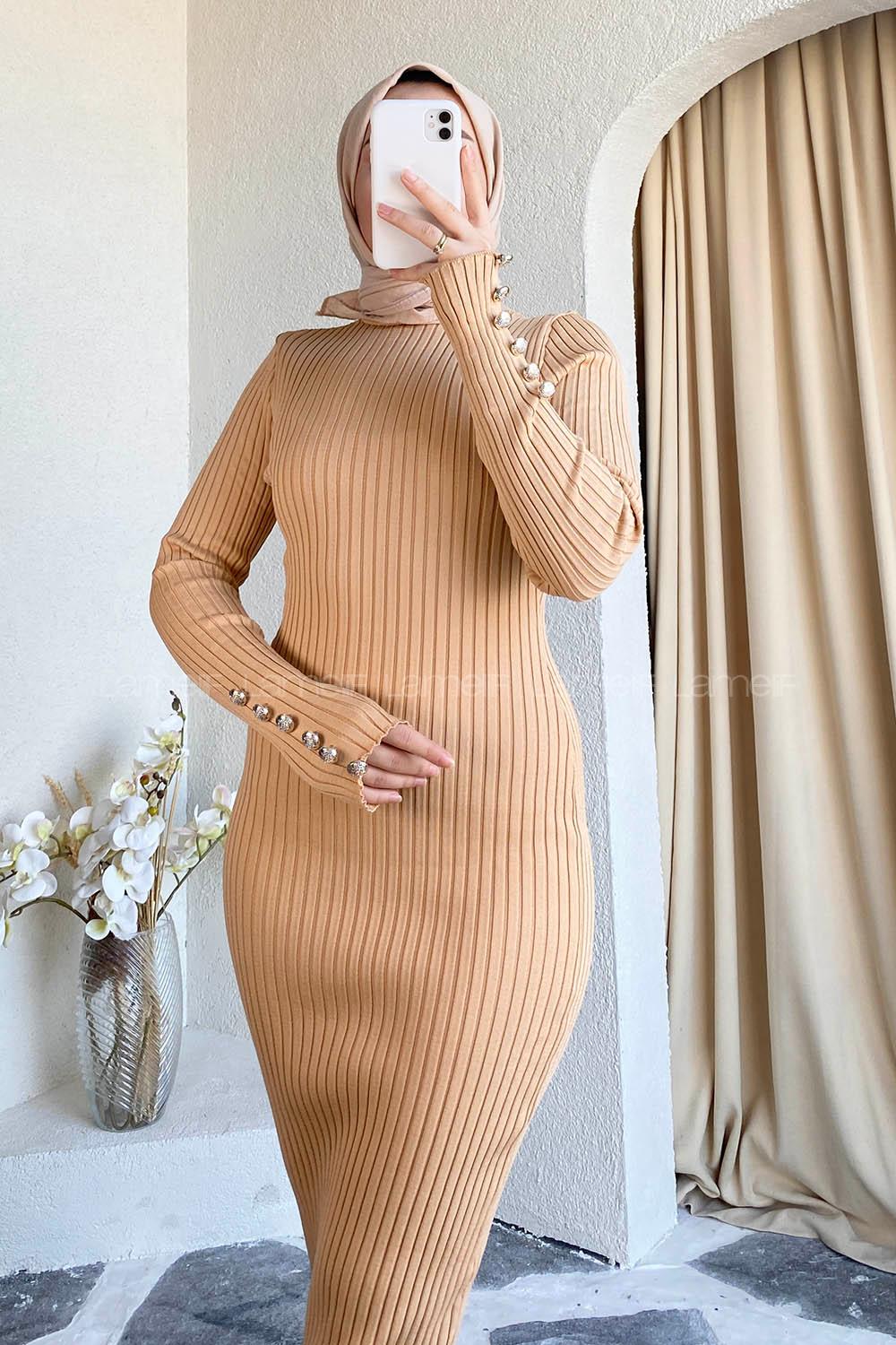 Modalamelif Kol Düğme Detaylı Fitilli Elbise Sütlükahve