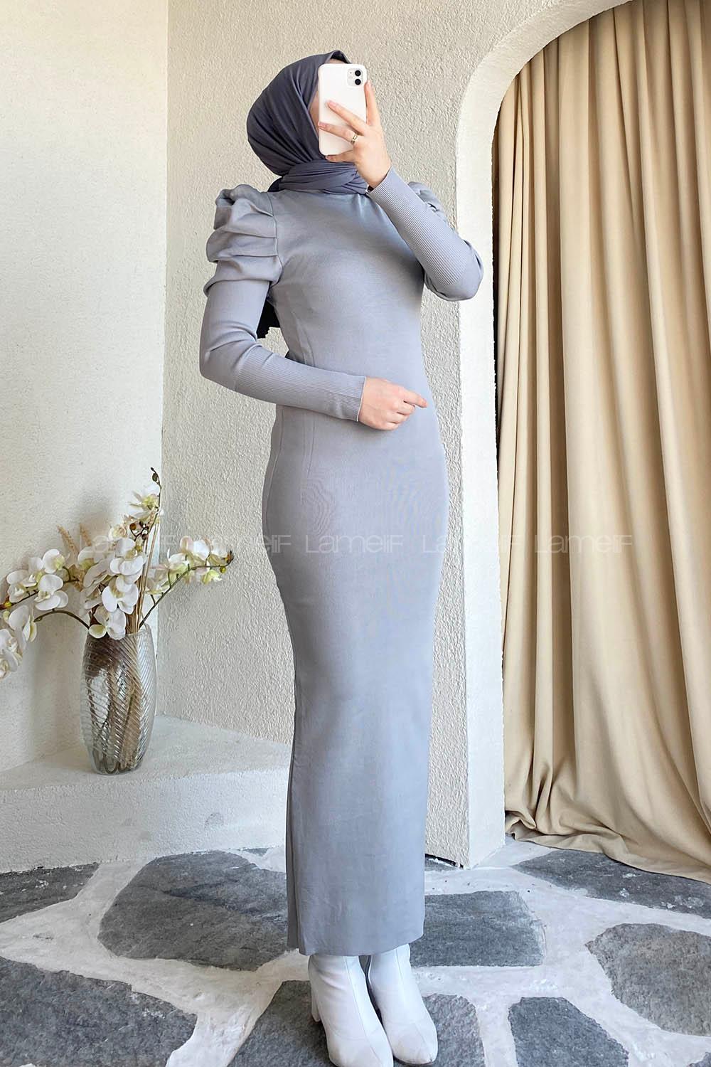 Modalamelif  Omuz Detaylı Fitilli Elbise Gri