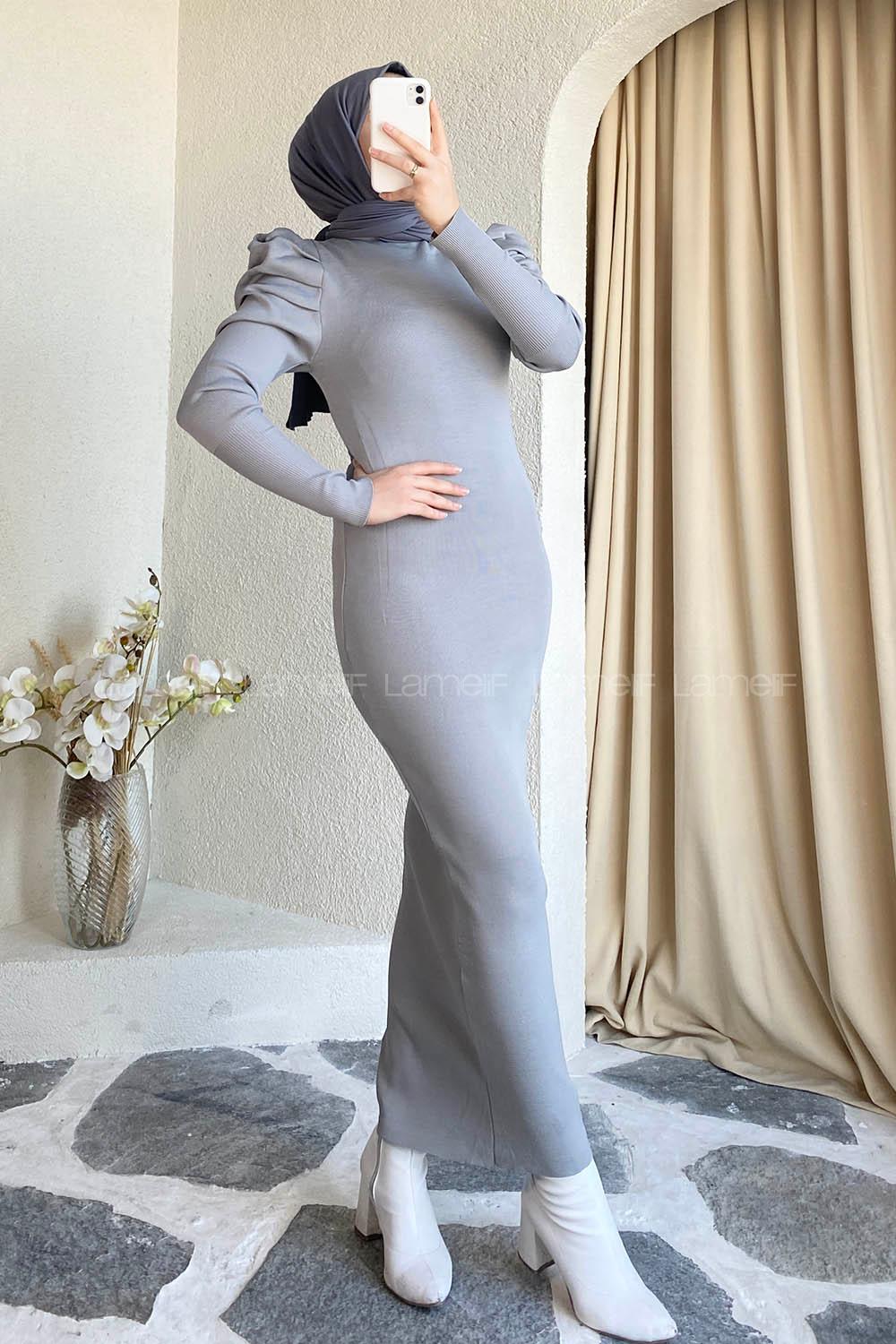 Modalamelif  Omuz Detaylı Fitilli Elbise Gri