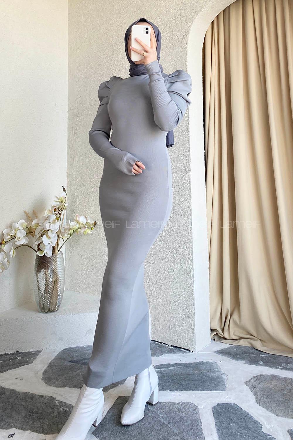 Modalamelif  Omuz Detaylı Fitilli Elbise Gri