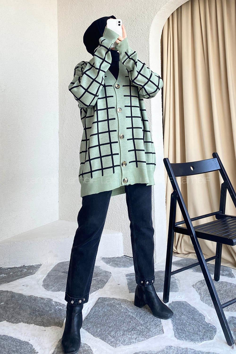 Modalamelif Önü Düğmeli Kareli Hırka Çağla Yeşili