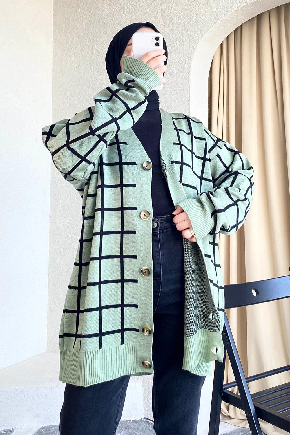 Modalamelif Önü Düğmeli Kareli Hırka Çağla Yeşili