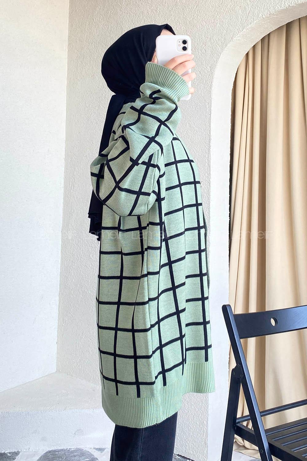 Modalamelif Önü Düğmeli Kareli Hırka Çağla Yeşili