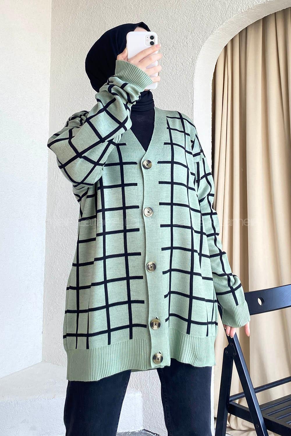 Modalamelif Önü Düğmeli Kareli Hırka Çağla Yeşili