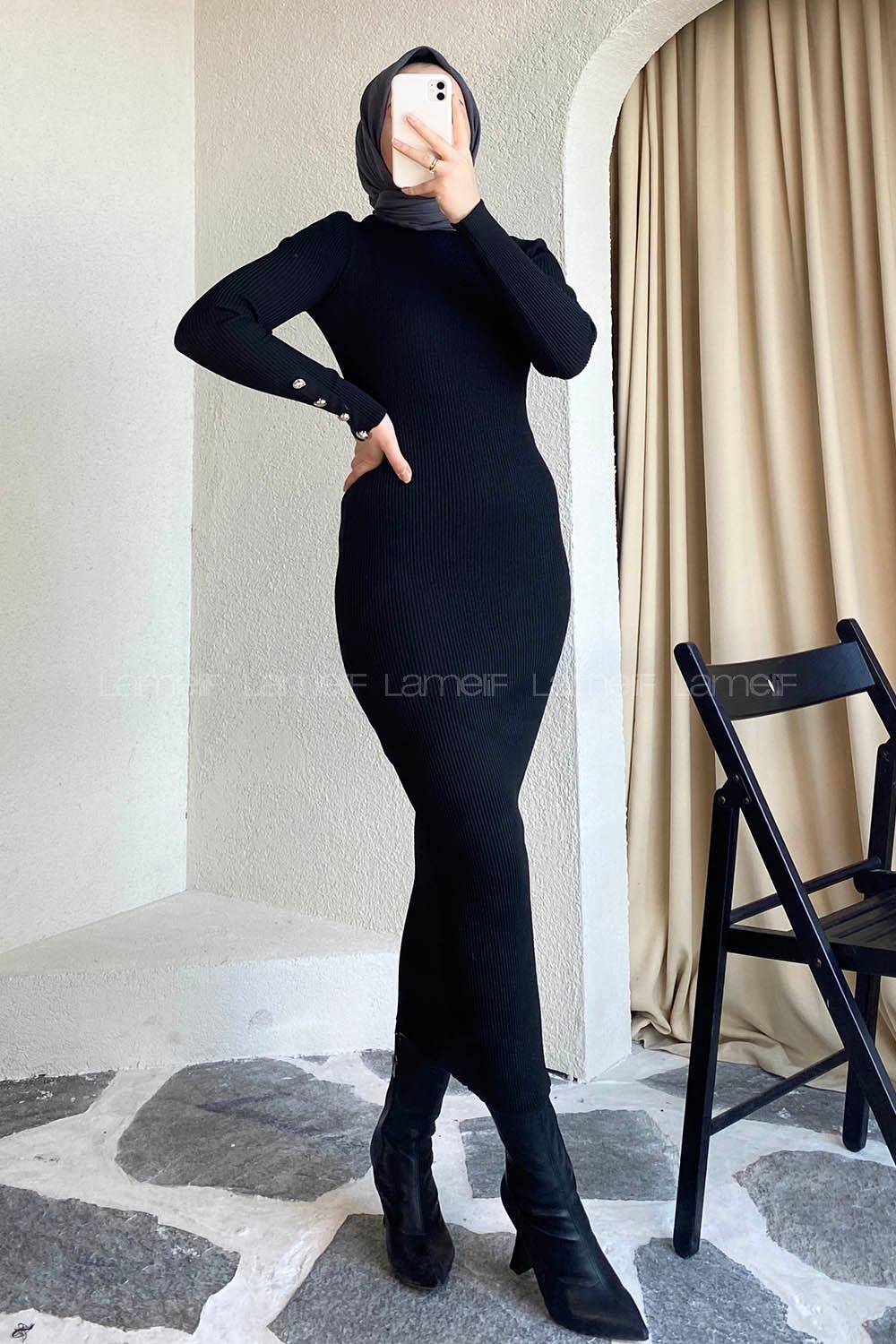 Modalamelif Yarım Boğazlı Düğme Detaylı Fitilli Elbise Siyah