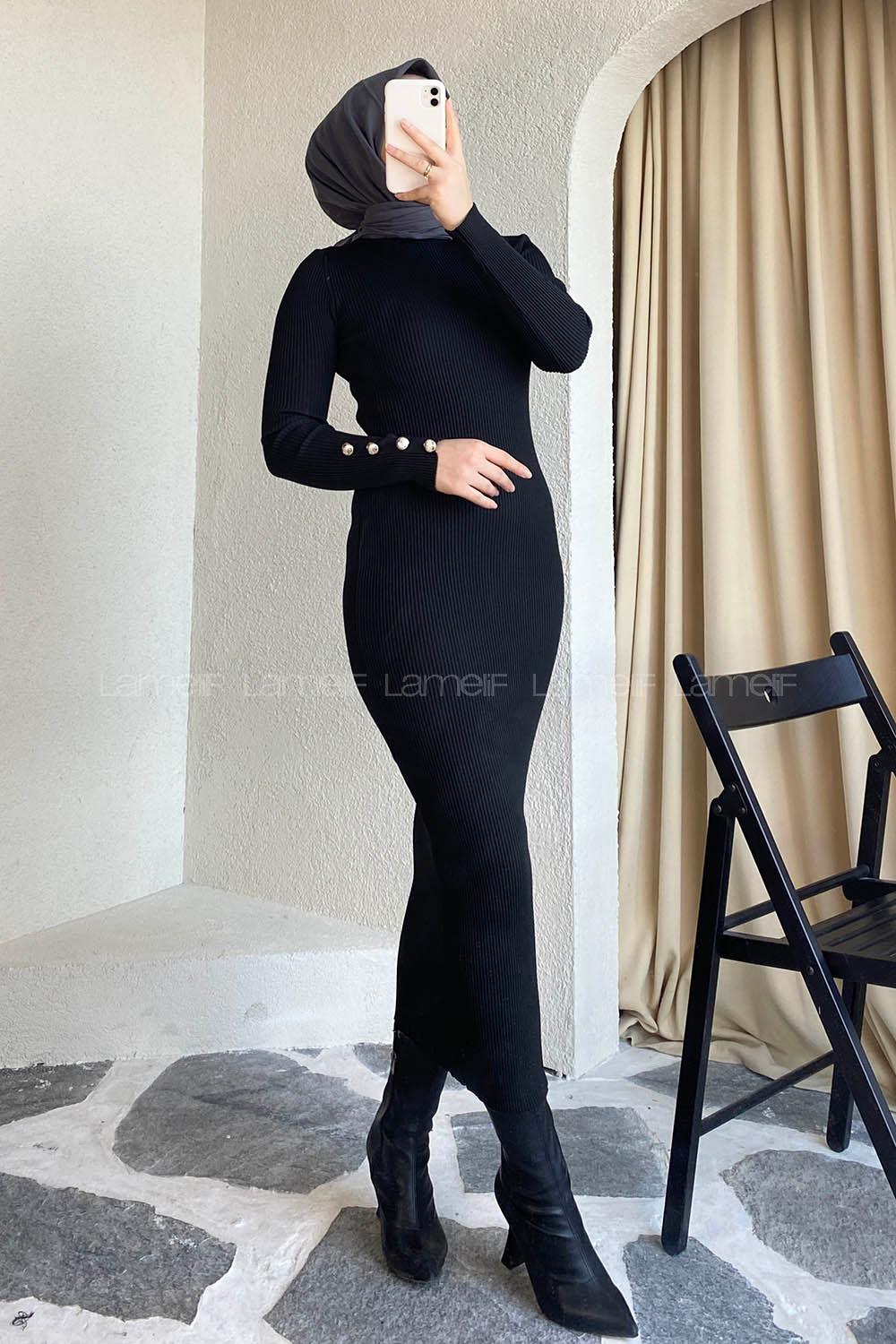 Modalamelif Yarım Boğazlı Düğme Detaylı Fitilli Elbise Siyah