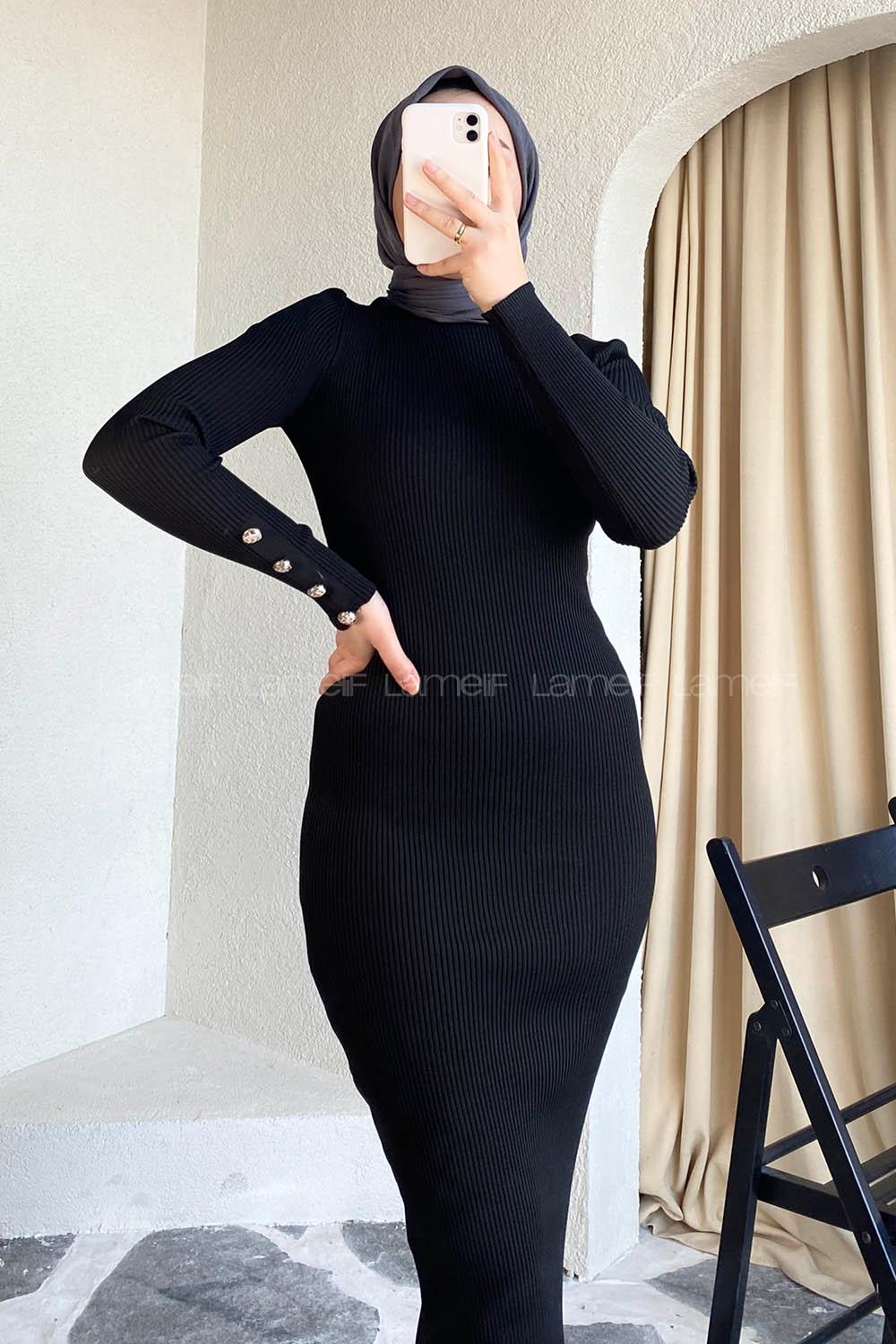 Modalamelif Yarım Boğazlı Düğme Detaylı Fitilli Elbise Siyah