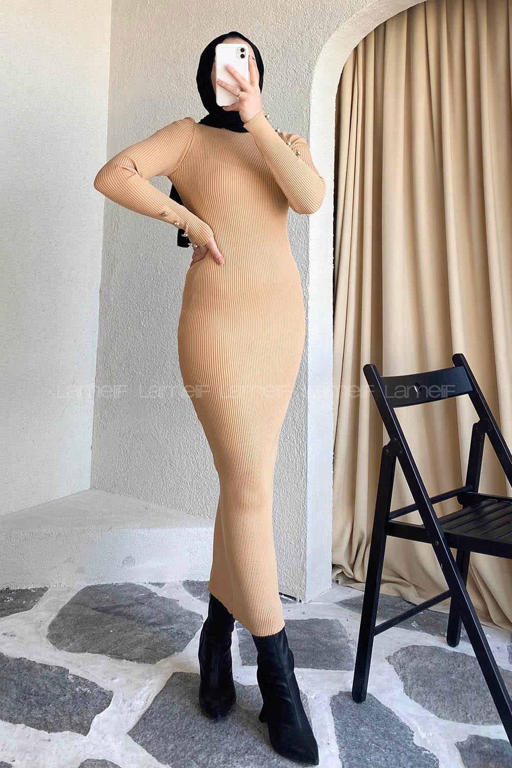 Modalamelif Yarım Boğazlı Düğme Detaylı Fitilli Elbise Sütlükahve