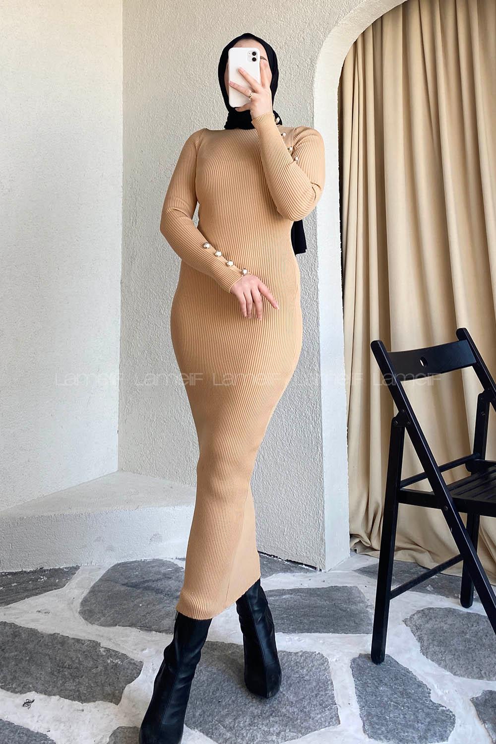 Modalamelif Yarım Boğazlı Düğme Detaylı Fitilli Elbise Sütlükahve