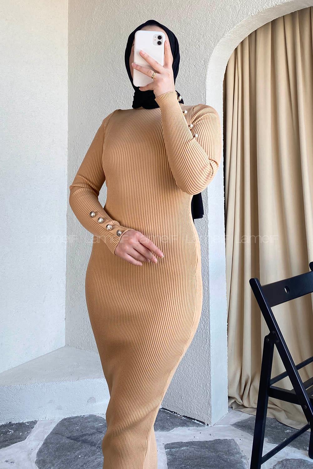 Modalamelif Yarım Boğazlı Düğme Detaylı Fitilli Elbise Sütlükahve