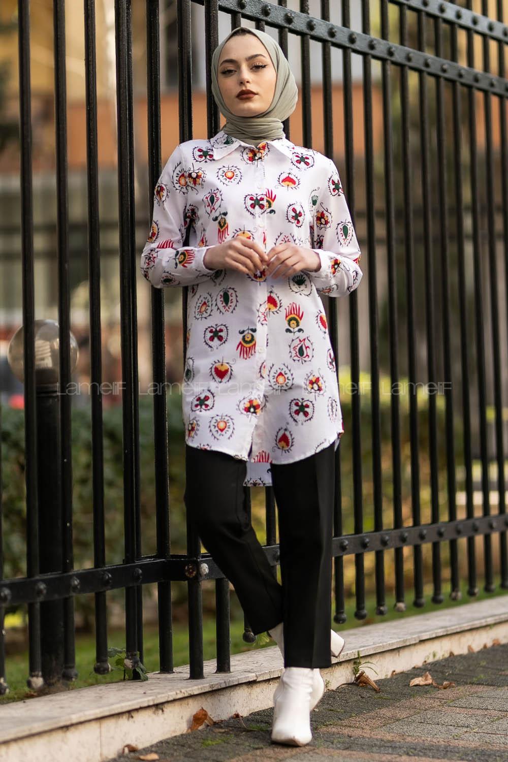 Modalamelif Desenli Asimetrik Kesim Gömlek Beyaz-Yeşil