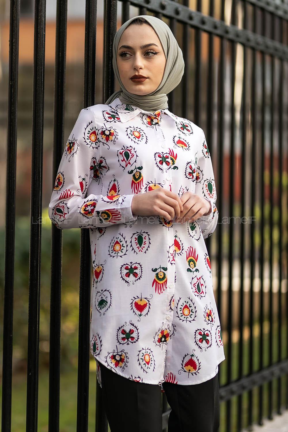 Modalamelif Desenli Asimetrik Kesim Gömlek Beyaz-Yeşil