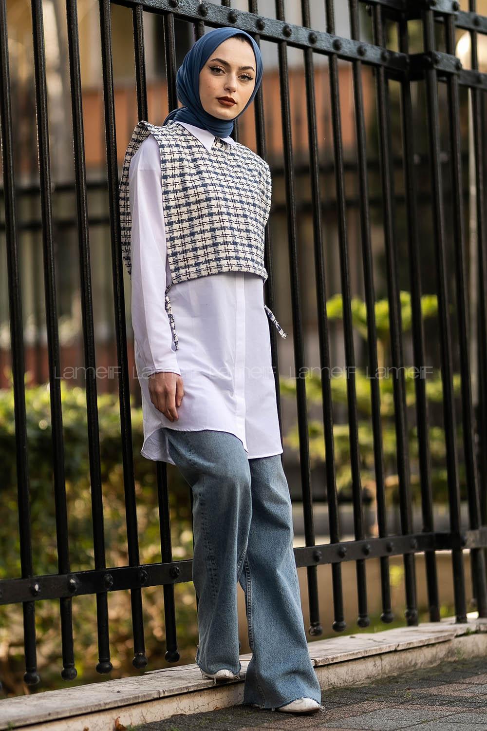 Modalamelif Ekose Desen Bağlamalı Kısa Süveter Lacivert