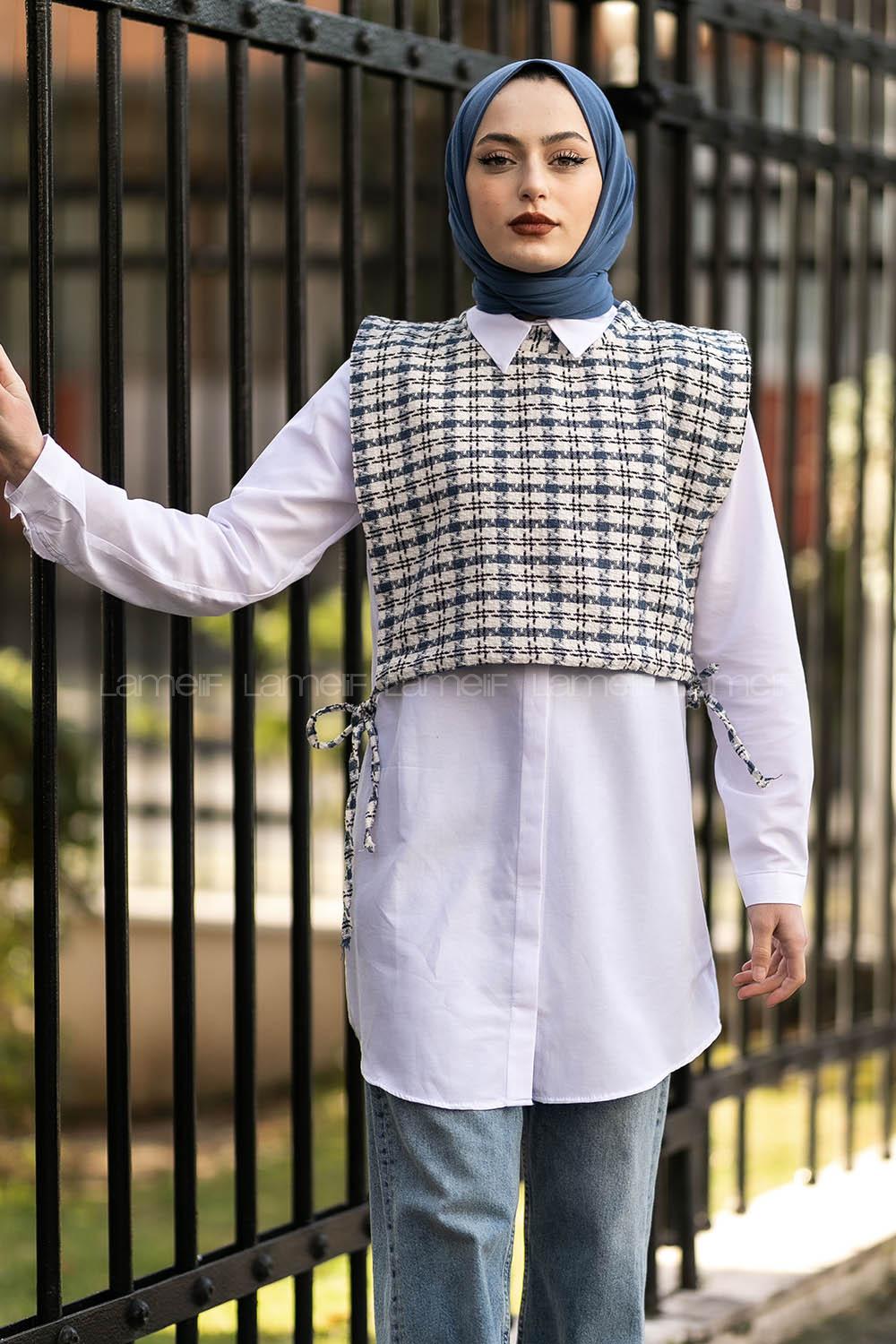 Modalamelif Ekose Desen Bağlamalı Kısa Süveter Lacivert