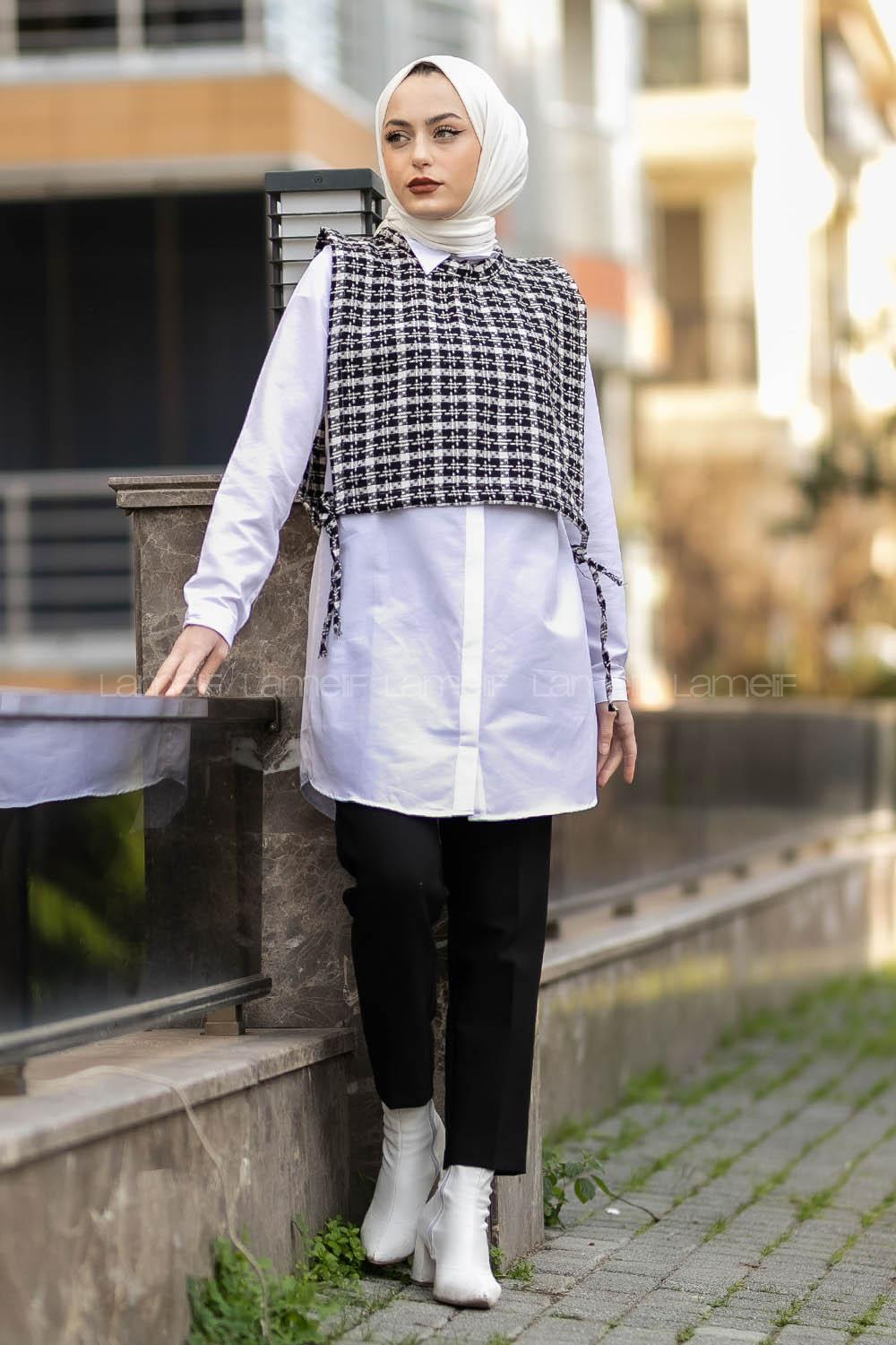 Modalamelif Ekose Desen Bağlamalı Kısa Süveter Siyah