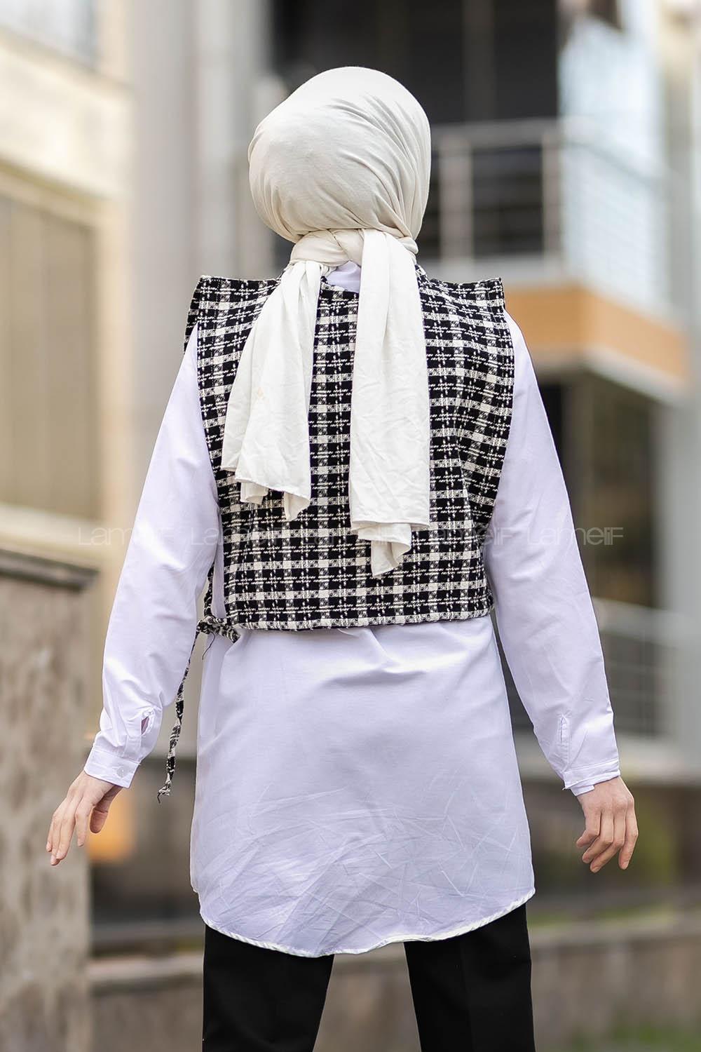 Modalamelif Ekose Desen Bağlamalı Kısa Süveter Siyah