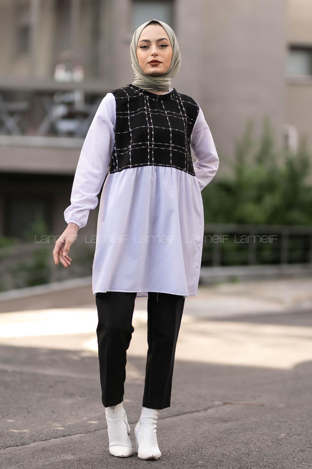 Modalamelif Gömlek Şanel Ekose Garnili Tunik Siyah-Beyaz