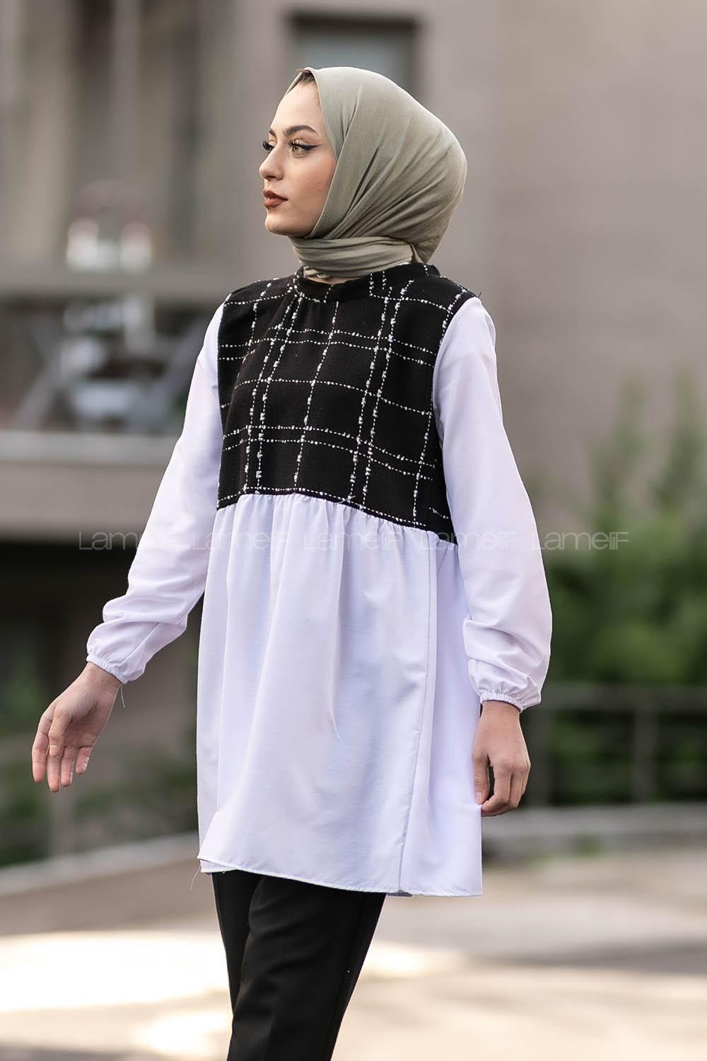 Modalamelif Gömlek Şanel Ekose Garnili Tunik Siyah-Beyaz