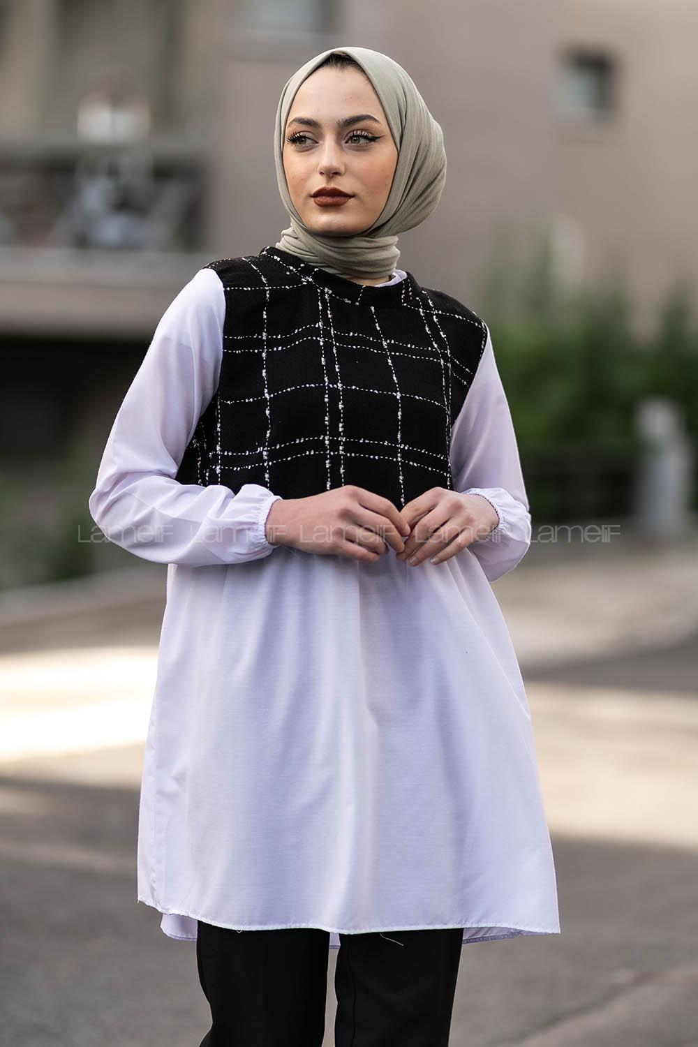 Modalamelif Gömlek Şanel Ekose Garnili Tunik Siyah-Beyaz