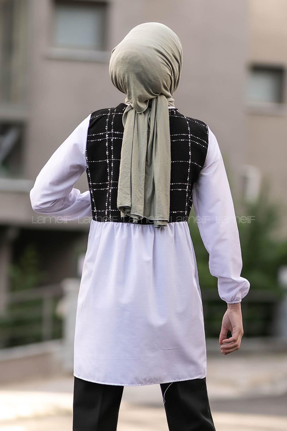 Modalamelif Gömlek Şanel Ekose Garnili Tunik Siyah-Beyaz