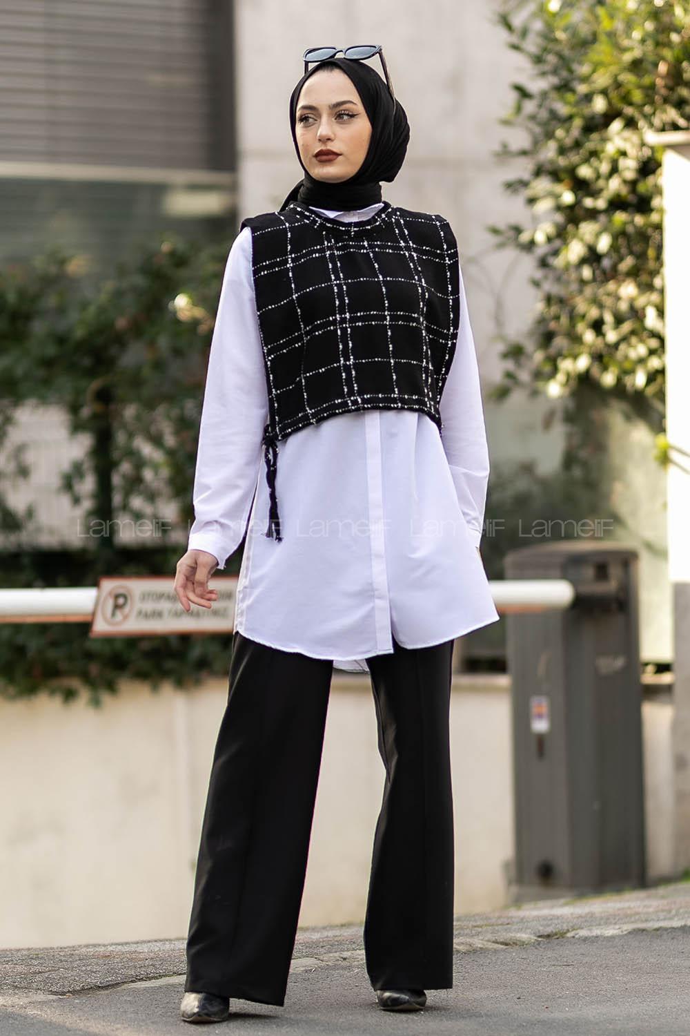 Modalamelif Kısa Bağcıklı Süveter Yelek Ekose Siyah