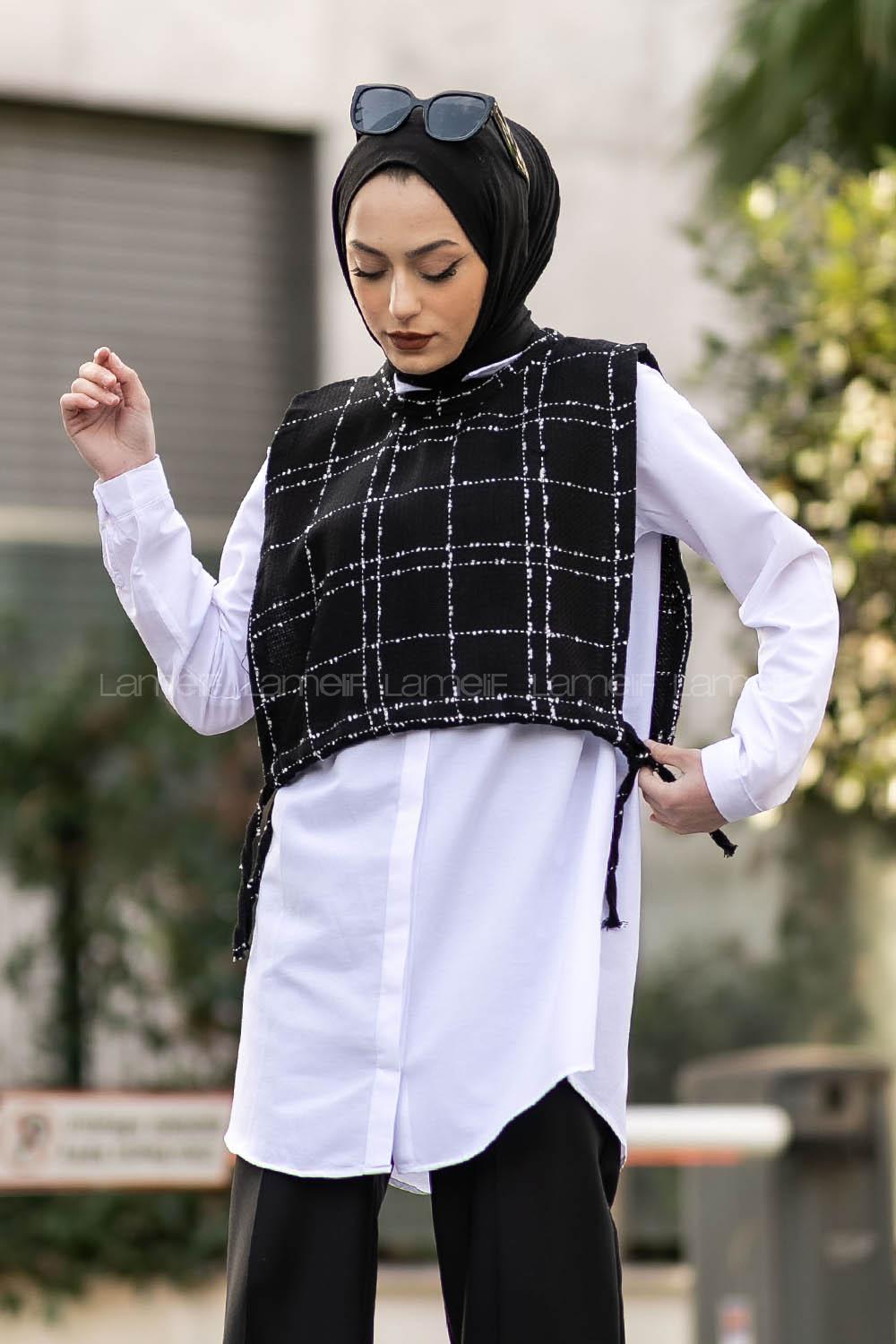 Modalamelif Kısa Bağcıklı Süveter Yelek Ekose Siyah