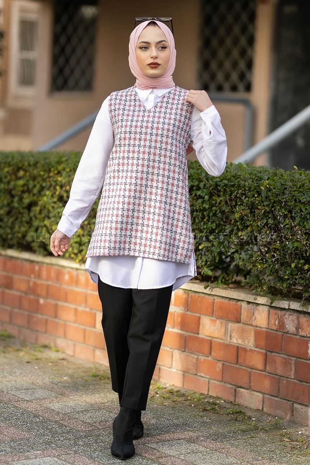 Modalamelif V Yaka Ekose Desen Kuşaklı Süveter Pudra