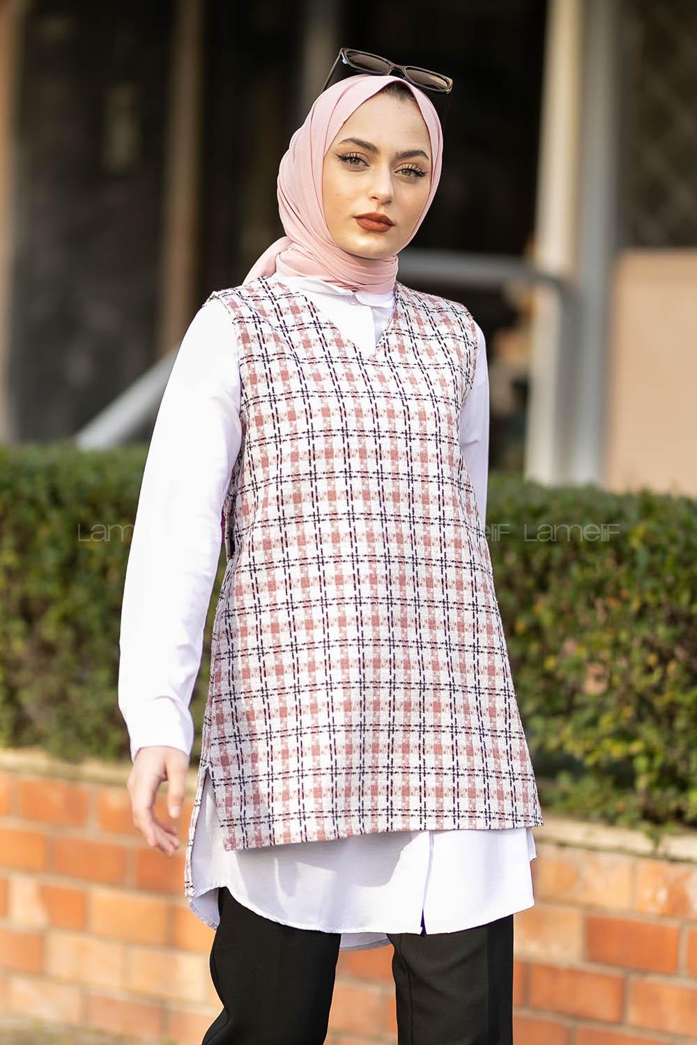 Modalamelif V Yaka Ekose Desen Kuşaklı Süveter Pudra