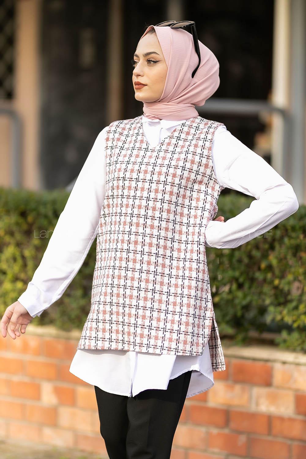 Modalamelif V Yaka Ekose Desen Kuşaklı Süveter Pudra