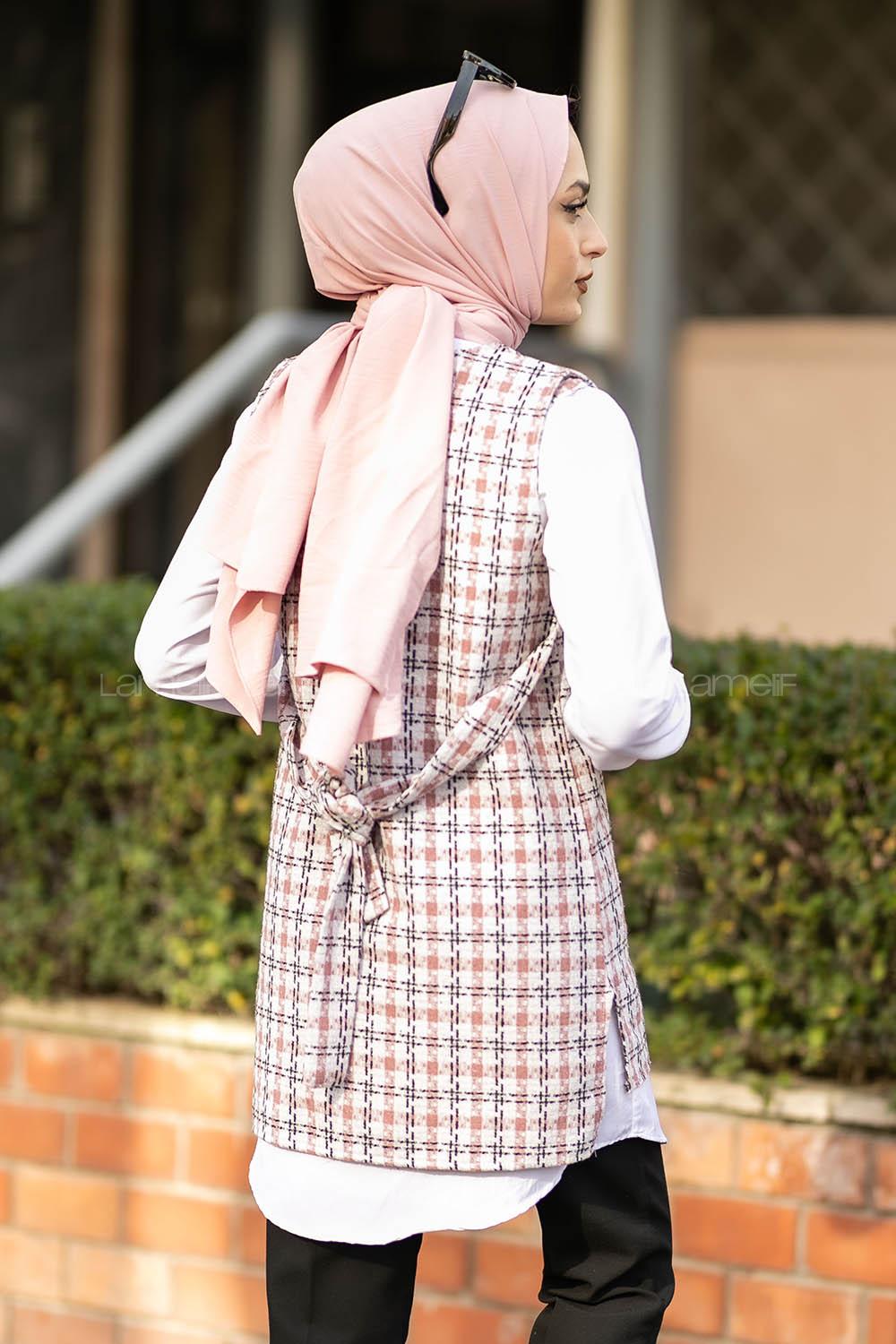 Modalamelif V Yaka Ekose Desen Kuşaklı Süveter Pudra