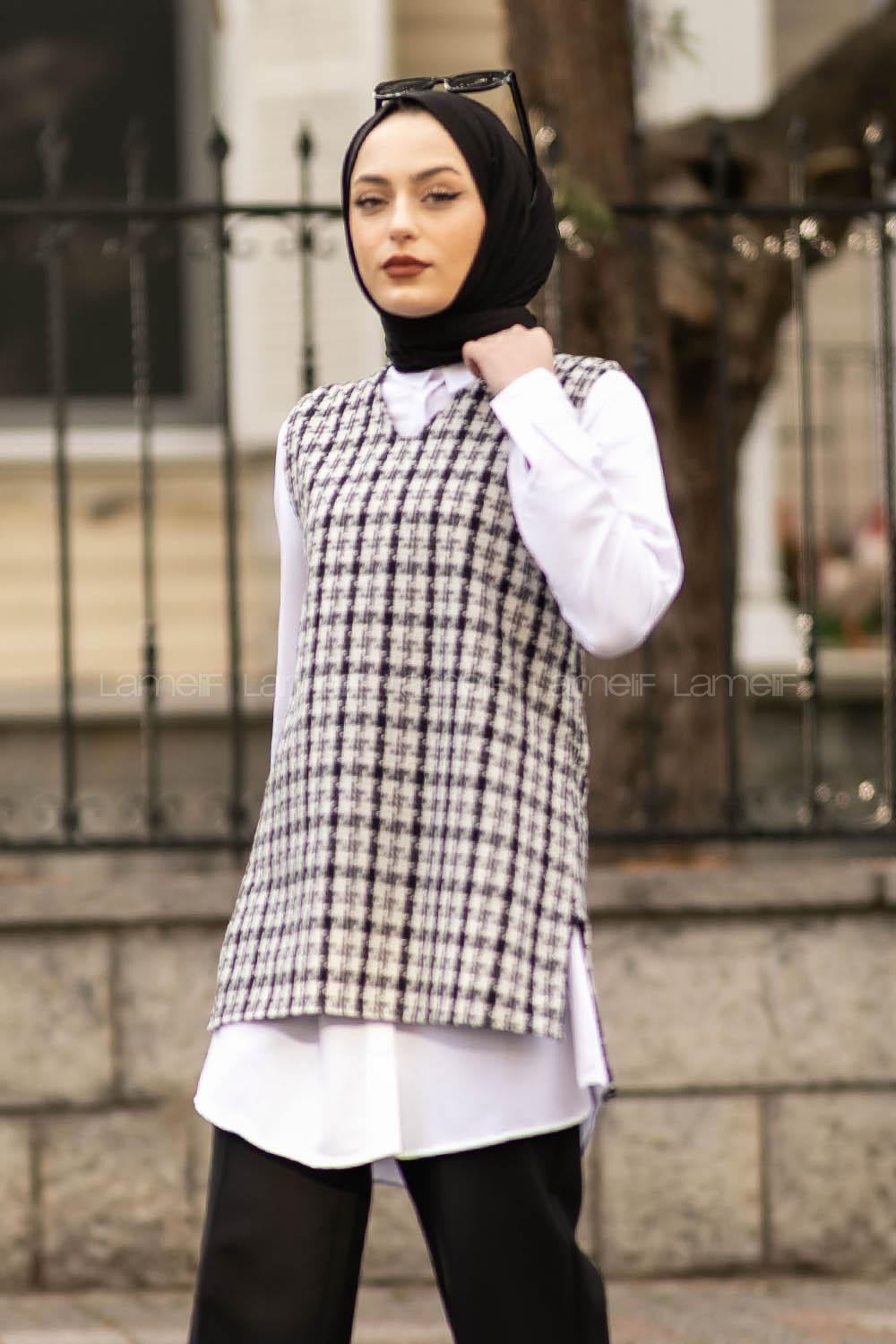 Modalamelif V Yaka Ekose Desen Kuşaklı Süveter Siyah