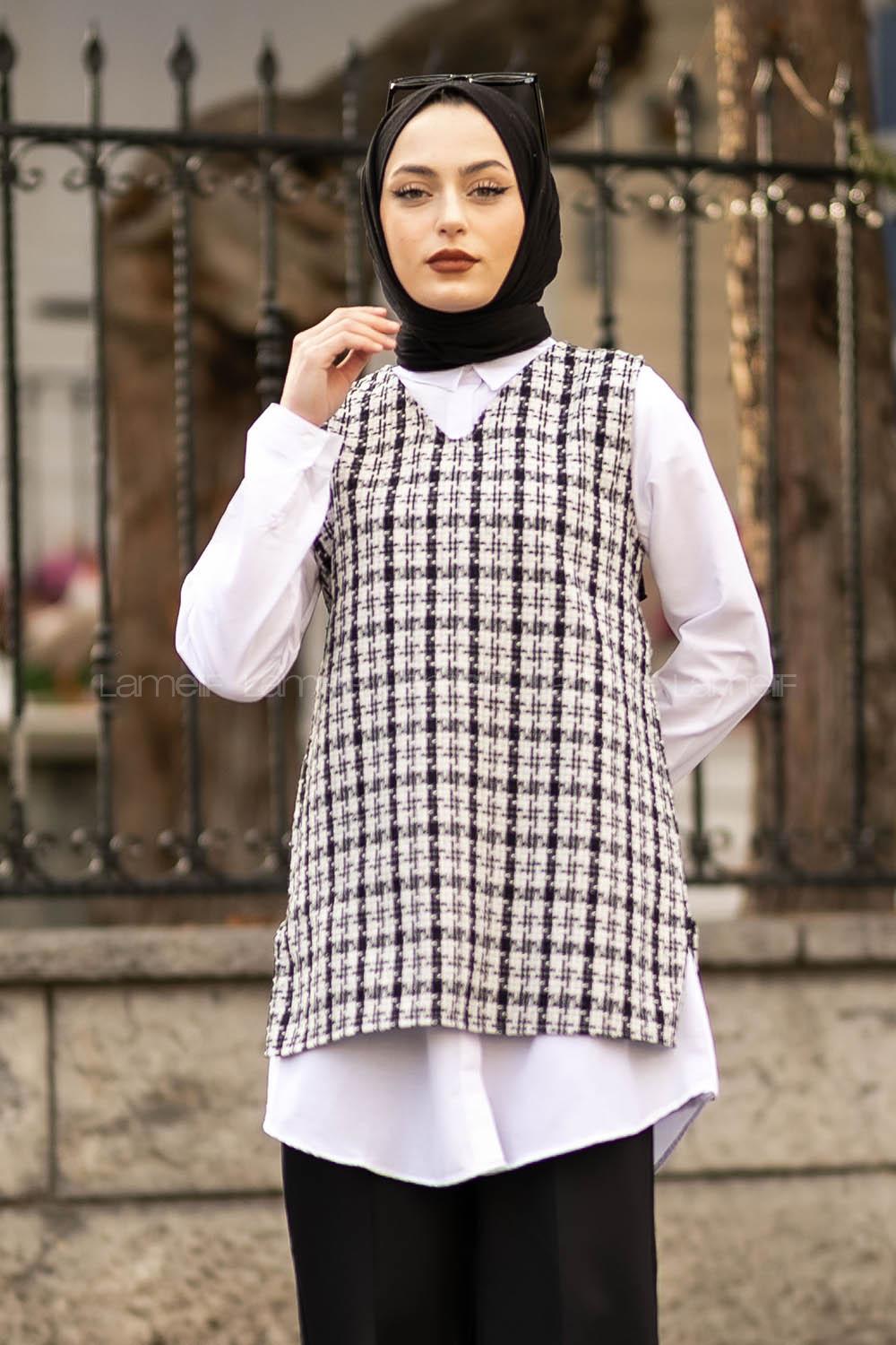 Modalamelif V Yaka Ekose Desen Kuşaklı Süveter Siyah