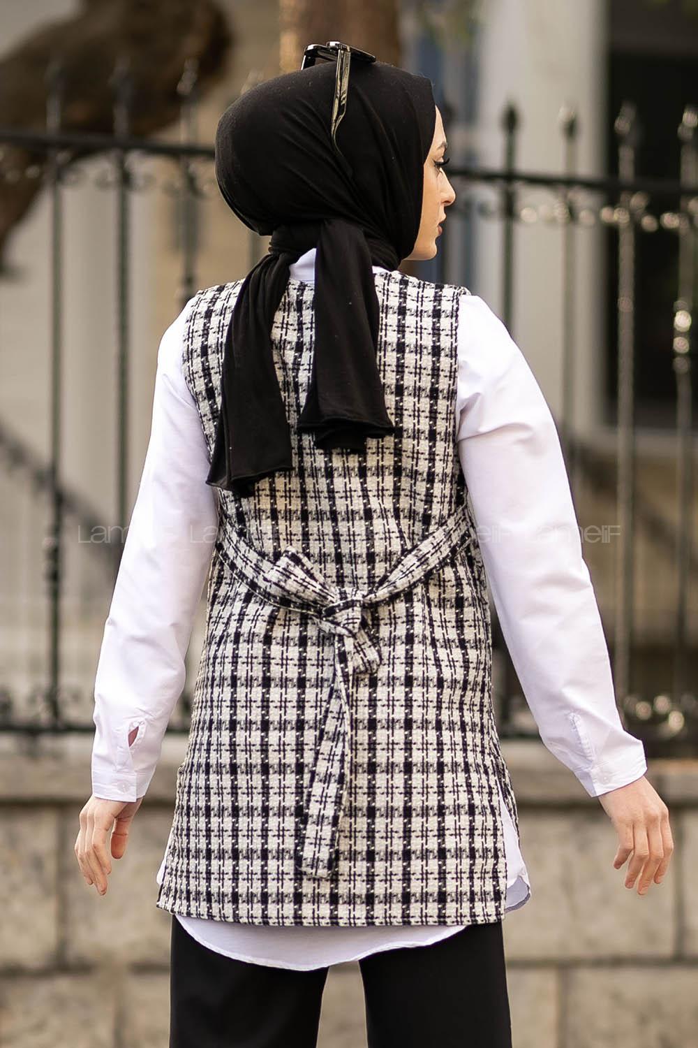 Modalamelif V Yaka Ekose Desen Kuşaklı Süveter Siyah