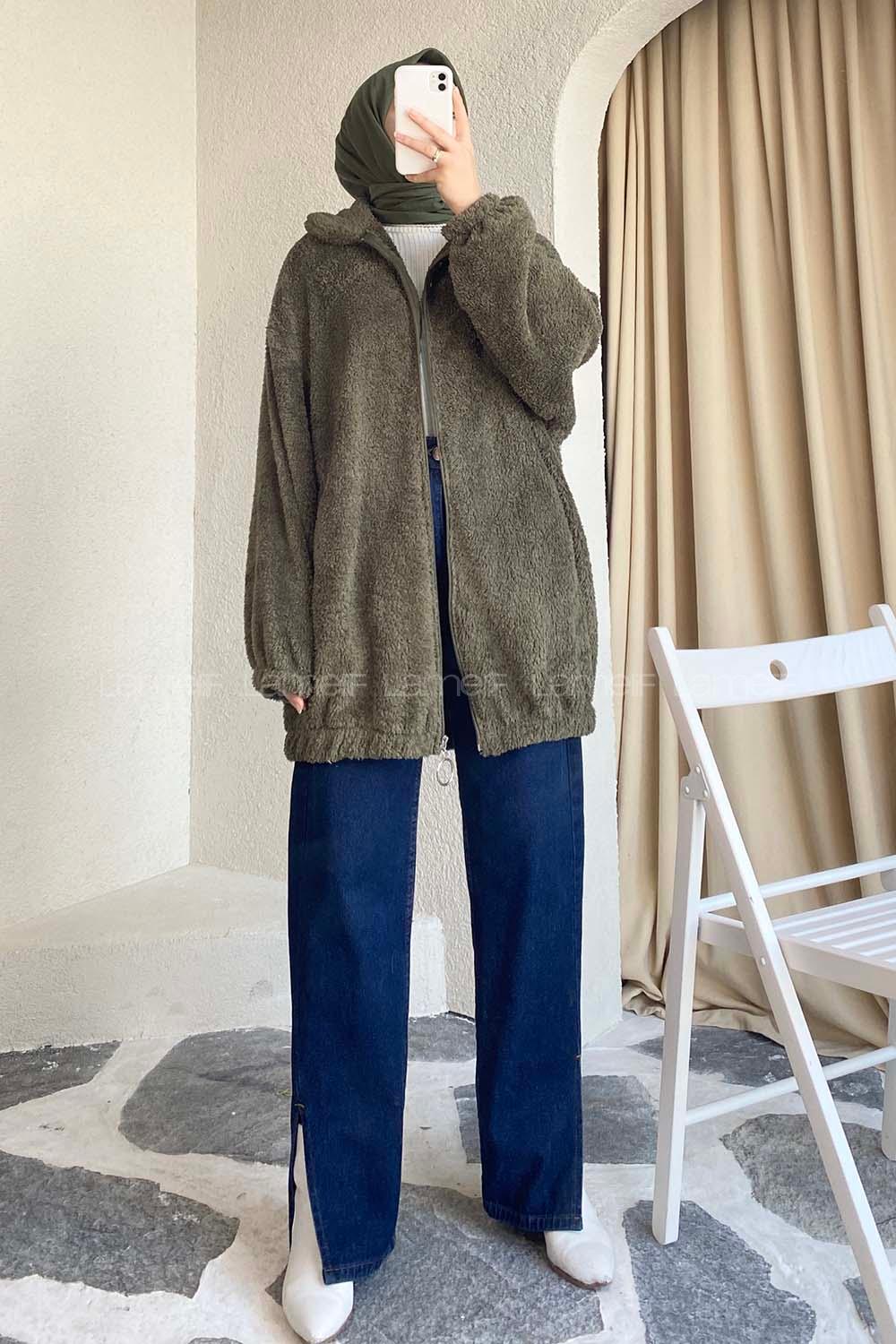 Modalamelif Fermuar Detaylı Peluş  Hırka Haki