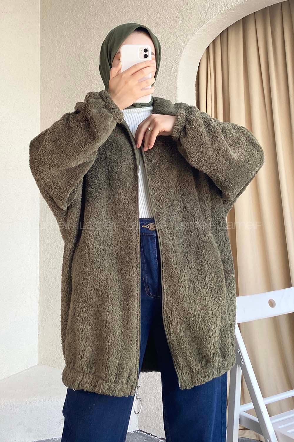 Modalamelif Fermuar Detaylı Peluş  Hırka Haki