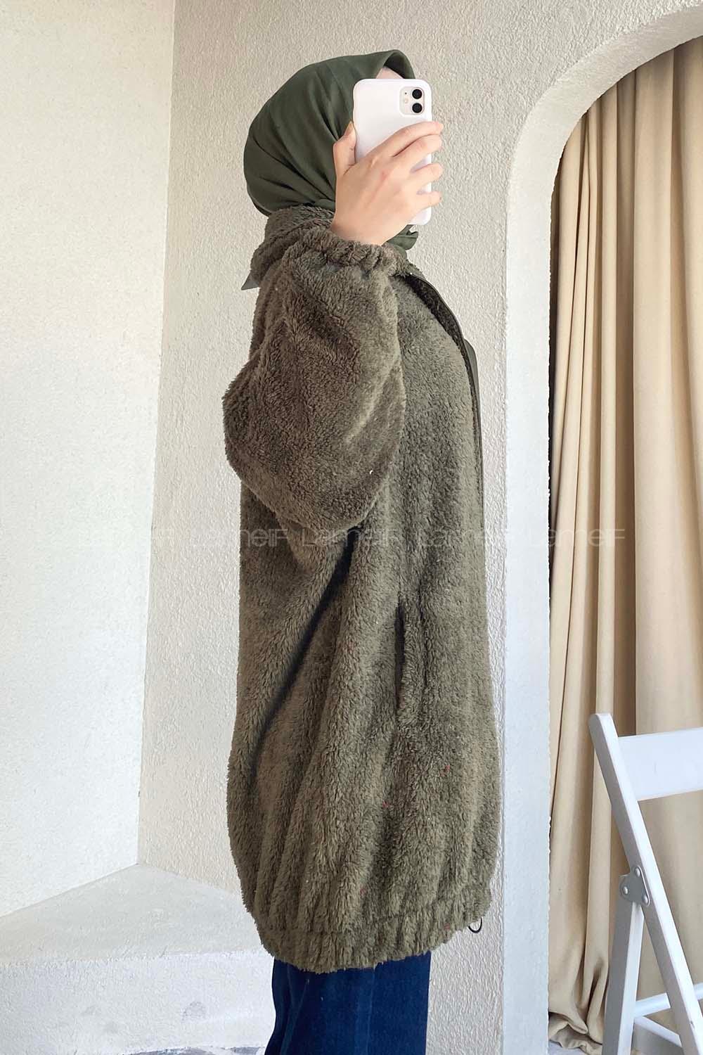 Modalamelif Fermuar Detaylı Peluş  Hırka Haki