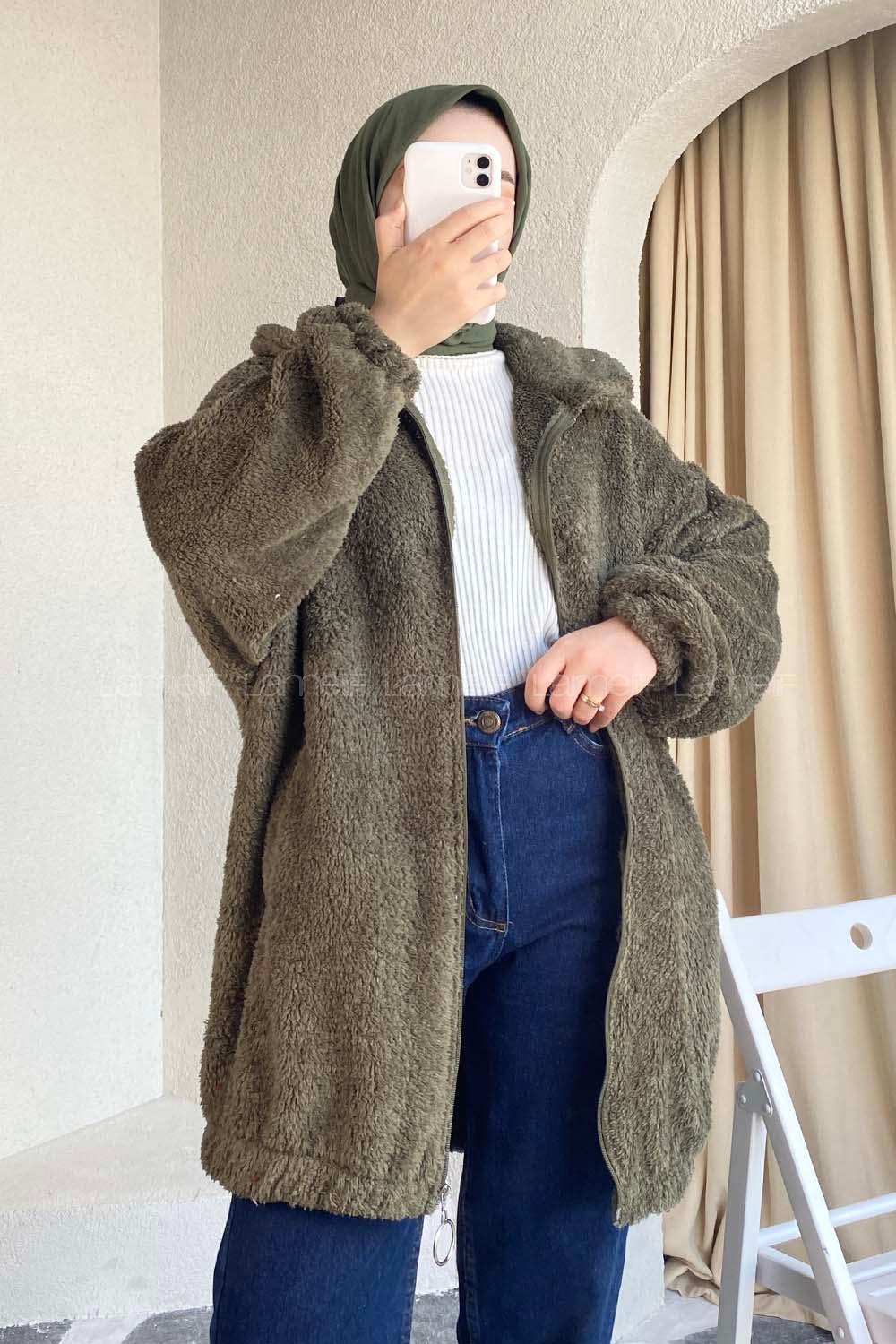 Modalamelif Fermuar Detaylı Peluş  Hırka Haki