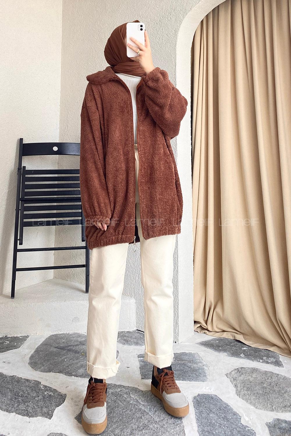 Modalamelif Fermuar Detaylı Peluş  Hırka Kahverengi