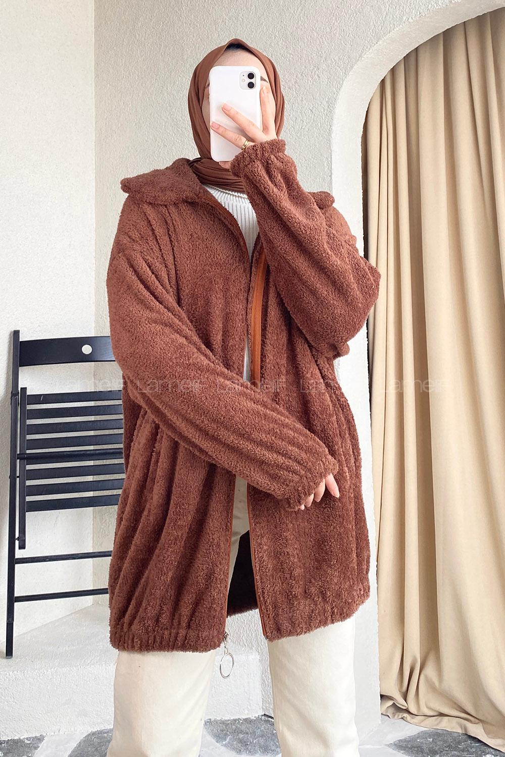 Modalamelif Fermuar Detaylı Peluş  Hırka Kahverengi
