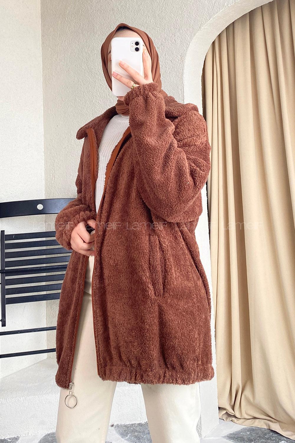 Modalamelif Fermuar Detaylı Peluş  Hırka Kahverengi