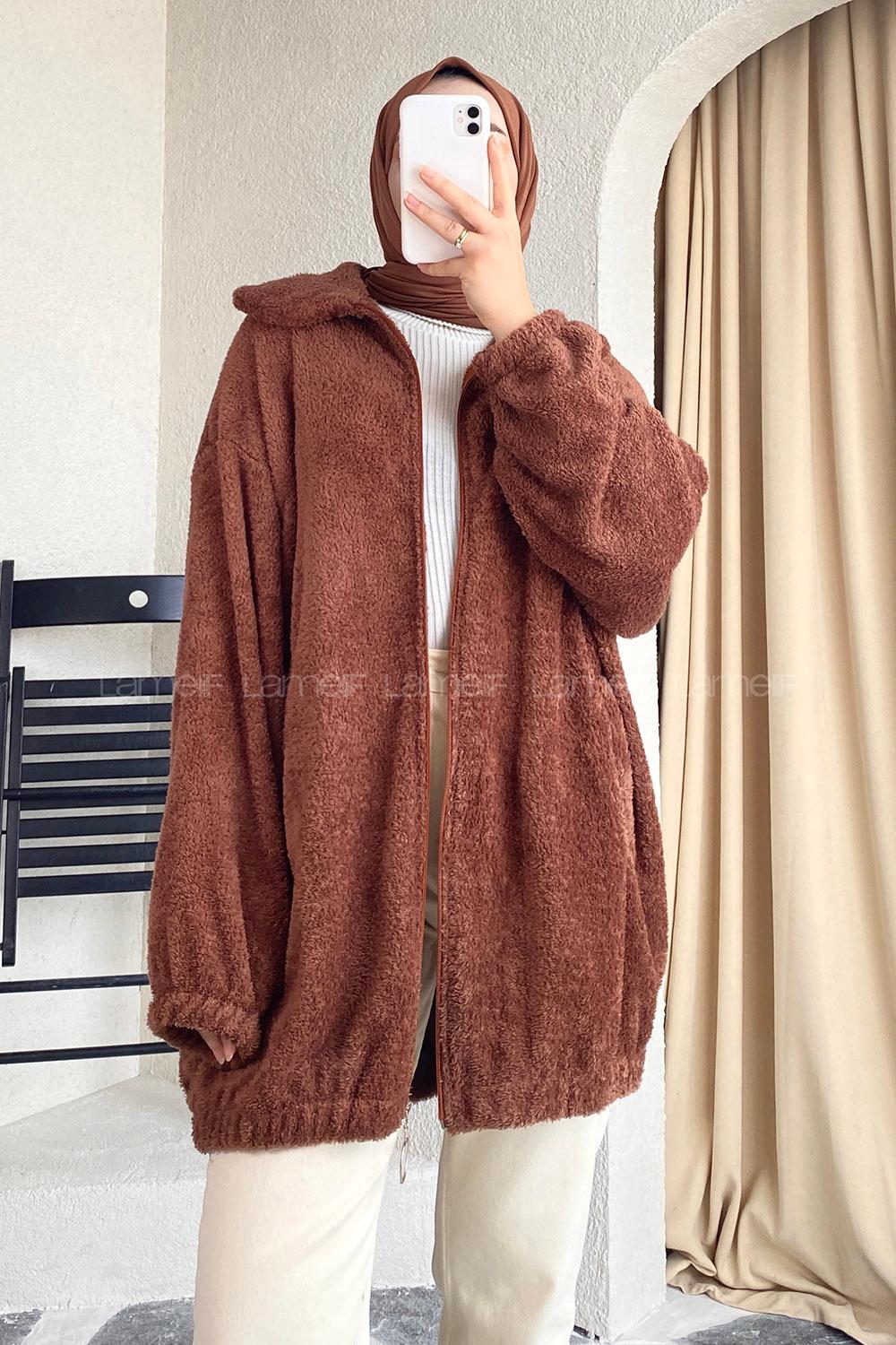 Modalamelif Fermuar Detaylı Peluş  Hırka Kahverengi