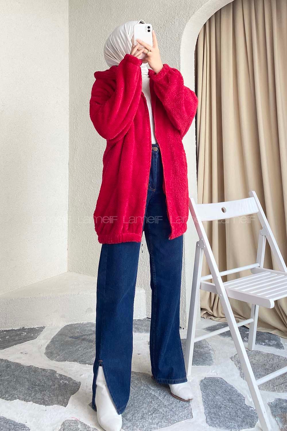 Modalamelif Fermuar Detaylı Peluş  Hırka Kırmızı