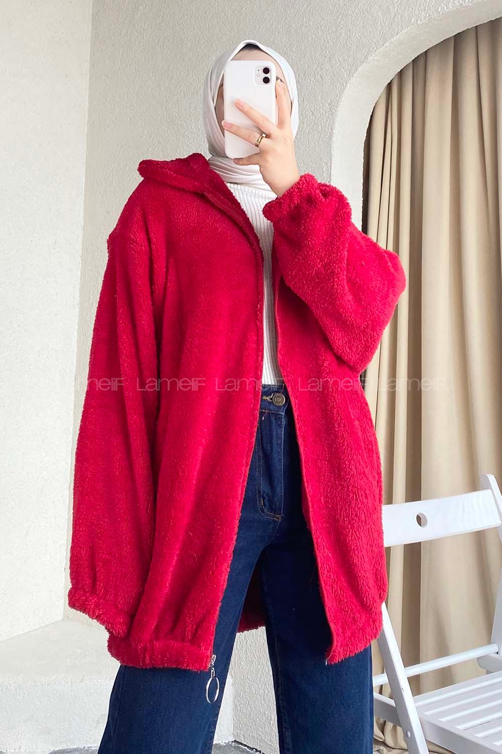 Modalamelif Fermuar Detaylı Peluş  Hırka Kırmızı
