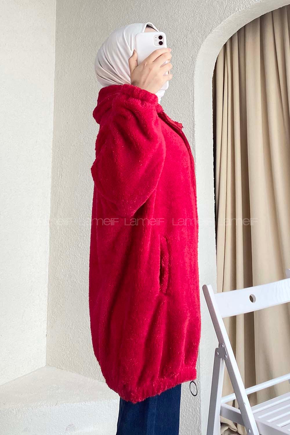 Modalamelif Fermuar Detaylı Peluş  Hırka Kırmızı