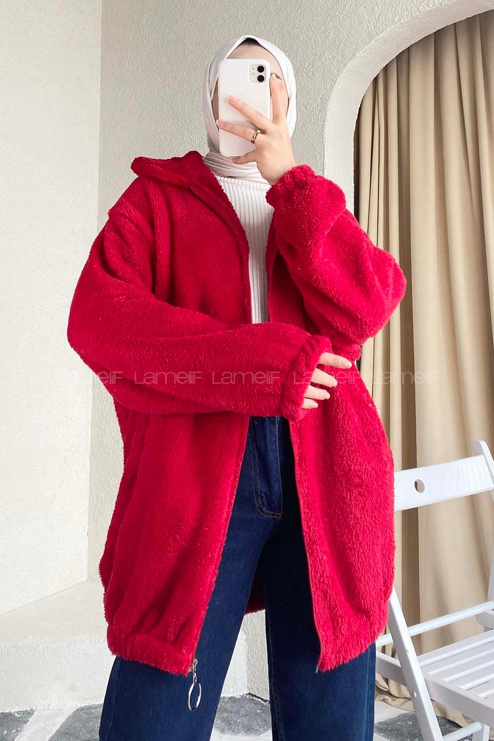 Modalamelif Fermuar Detaylı Peluş  Hırka Kırmızı