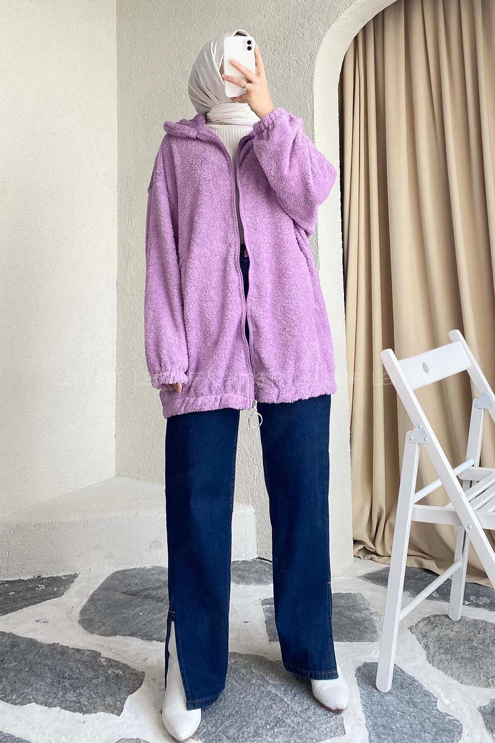 Modalamelif Fermuar Detaylı Peluş  Hırka Lila