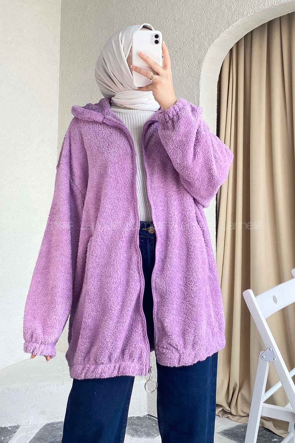 Modalamelif Fermuar Detaylı Peluş  Hırka Lila