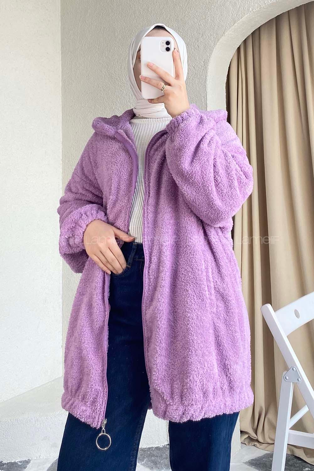 Modalamelif Fermuar Detaylı Peluş  Hırka Lila
